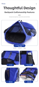 Dettaglio dello zaino blu con coulisse che mostra lo spazio per laptop ed elettronica