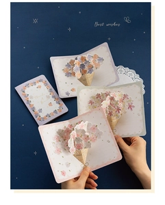 Detailed view of 3D pop-up floral greeting cards with colorful bouquet designs