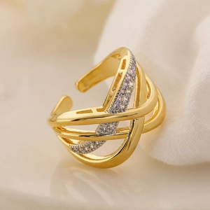 Modern 18K gold plated multi-layer crossover open ring with white zircon stones