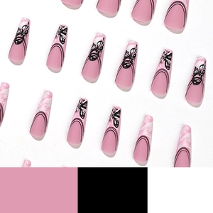 Long ballet press-on nails in nude pink with black French lines and butterfly art