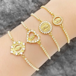Women 18K Gold Plated Copper Bracelet With Virgin Mary Heart Medal Medal Religious Jewelry Zirconia Inlaid Slider Bracelet