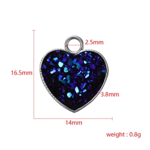 13mm heart stainless steel pendant with blue resin and detailed size dimensions