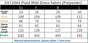 Detailed size chart for the plaid midi dress including chest and waist measurements