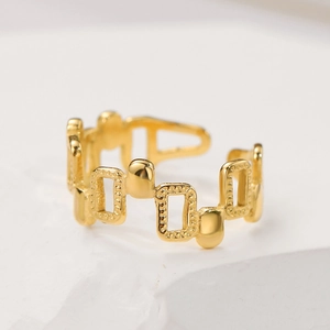Irregular geometric 18k gold plated open ring with rectangular links on stone base