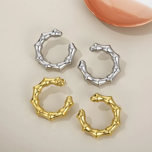 Ins Style Stainless Steel C-Shaped Bamboo Joint Hoop Earrings 18K Gold Plated Hollow Stud Earrings For Women Fashion Jewelry