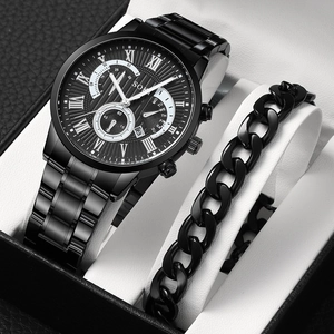 SOKI Men's Business Quartz Watch Set Stainless Steel Strap Roman Numerals Analog Calendar Wristwatch With Cuban Chain Bracelet