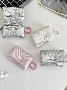 Quilted bow-patterned AirPods case with metal puffy finish and handy carabiner clip