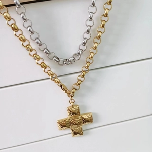 18k gold plated stainless steel cross pendant necklace with rose engraving and dual chains