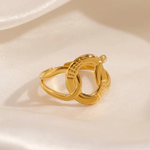 18K gold plated stainless steel geometric interlocking ring with an adjustable open band