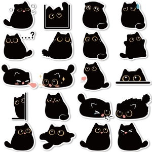 Close-up of 16 cute black soot cartoon stickers with various funny expressions on white background