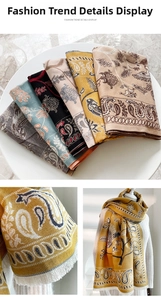 Detailed view of bohemian cashmere-like shawl with paisley patterns and tassels