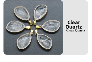 Set of six water drop clear quartz pendants with elegant gold metal plated edges
