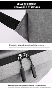 Detail of reinforced triangular stitching on gray fabric backpack straps with double zippers