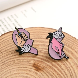 Creative best buds heart enamel pins set with hand and cigarette on wood surface
