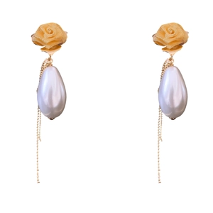 French palace style rose earrings with teardrop pearls and elegant gold tassels