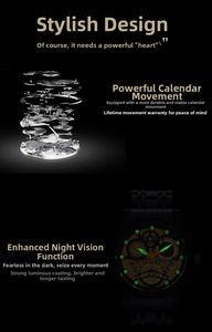 Detail showing the calendar movement and green luminous dial of this hollow wrist watch
