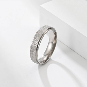Anello elegante in acciaio al titanio argento con finitura sabbiata opaca su sfondo bianco