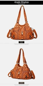 Macro shot of retro brown leather handbag with woven straps and heart-shaped metal buckle