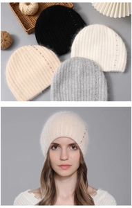 Detail of knitted rabbit fur hat for women with elegant pearl accents and soft fuzzy texture