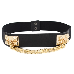 Women's black elastic waist belt with gold chains and studs for dresses and coats