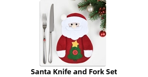 Detail of Santa Claus felt cutlery holder with stainless steel knife and fork decor