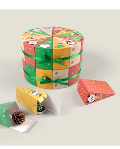 Triangle Christmas advent calendar boxes with festive cartoon patterns and green ribbons