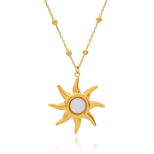 18K Gold Edelstahl Halskette mit Sonnen-Opal-Anhänger und eleganter Perlenkette