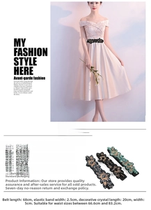 Detail of crystal flower elastic waist belt with dimensions and sizing information