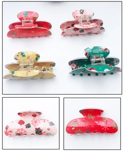 Detailed view of Christmas themed PVC hair claws with gingerbread and snowman patterns