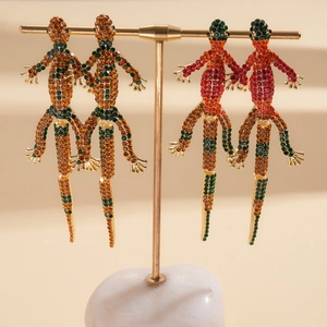 Luxury gecko-shaped drop earrings with colorful rhinestones on golden T-shaped stands