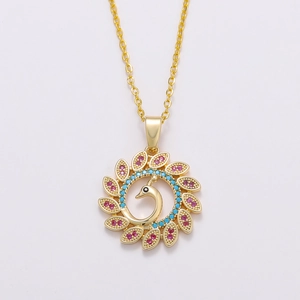 Peacock Pendant Necklace 18K Gold Plated Copper With Colorful Zircon Circular Wreath Fashion Jewelry For Women Elegant