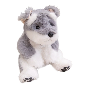 Lifelike Schnauzer plush dog toy in grey and white sitting position for kids' gift