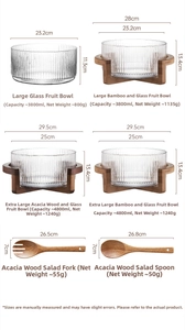Detailed size specifications for soda-lime glass fruit bowls and wooden salad servers