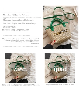 Detail of tiger embroidery on beige woven tote with green handles and dimensions