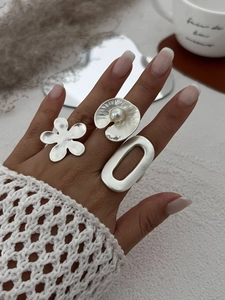 Detailed view of silver matte brushed flower ring set with pearl and geometric shapes