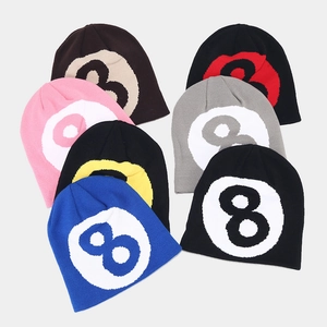 Winter knitted beanie hats with No. 8 ball jacquard pattern in various colors