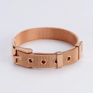 Detail of rose gold mesh bracelet with adjustable buckle and five sizing holes