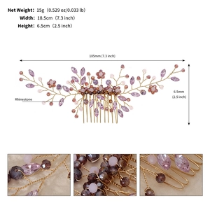 Dettaglio del pettine da sposa con cristalli viola che mostra la larghezza di 18,5 cm