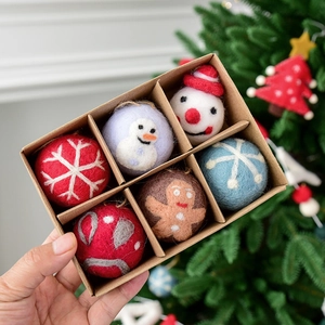 Handmade wool felt Christmas tree ornaments set featuring snowflake and snowman designs