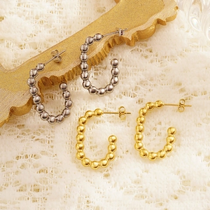 Stainless Steel Beaded C Shape Earrings For Women Minimalist Ball Chain Geometric Studs INS Style Elegant Jewelry