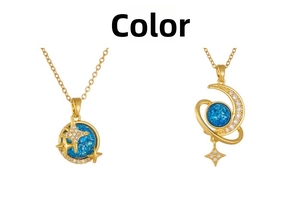 Detail of dream planet and star moon pendants with blue stone in gold finish