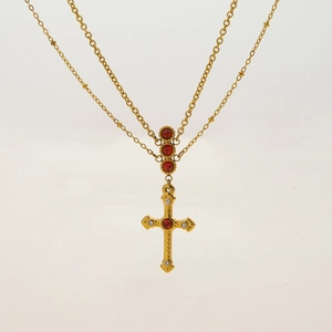 Goldene Edelstahlschicht-Halskette mit Kreuzanhänger und roten Türkissteinen