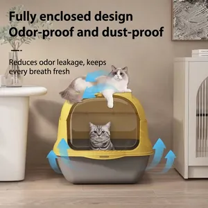 Enclosed large cat litter box with odor control and splash-proof design in yellow and gray
