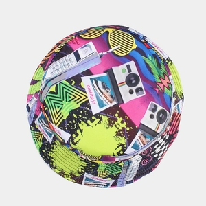 Top-down view of a colorful retro bucket hat with vintage pop art print and Gnarly text