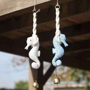 Seahorse Wind Chime Hanging Ornament Wood Mediterranean Nautical Wall Decor With Cotton Rope And Metal Bell