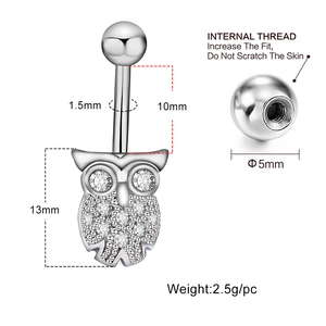 Silver owl belly button ring with zircon crystals and internal thread 1.6mm size detail