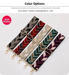 Detail of adjustable woven nylon shoulder straps with chevron patterns and gold hardware