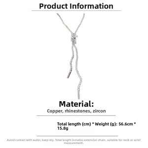 Detailed size chart and specifications for the silver zircon tassel zipper necklace