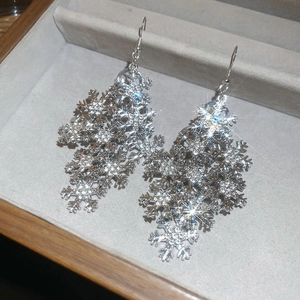 Macro detail of silver snowflake tassel earrings with sparkling rhinestones in a box