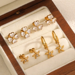 5-pair gold stainless steel earring set with crystal flowers and starfish zircon charms